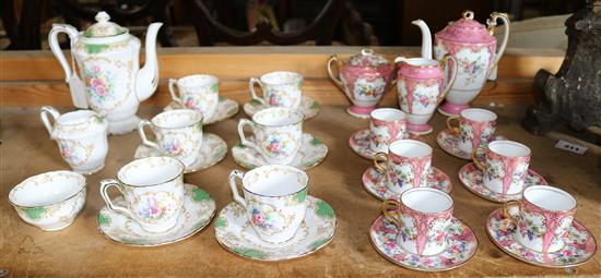 Crown Staffordshire floral, green & gilt-decorated coffee set & a similar Aynsley pink-ground set (a.f)